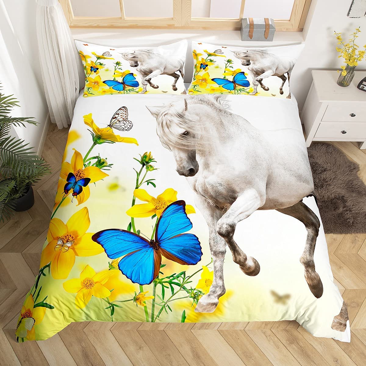 Girls Horse Print Bedding Set Girly Butterflies Floral Comforter Cover for Kids Children Teens Wild Animal Blossom Flowers Duvet Cover Nature Themed Bedspread Cover Single Size With 1 Pillow Case