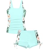 TyeSmo Girls Swimsuit Tankini 2 Piece Color Block Bathing Suit for Girls Ruched Swimwear with Drawstring Shorts 9-16Y