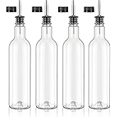 RimCereal 25 oz Plastic Long Neck Bottle with Stainless Steel Leakproof Tapered Spout Pourer and Cap Syrup Alcohol Juice Coffee Liquor Container for Home Bar Service Bartending Party Supplies(4 Pack)