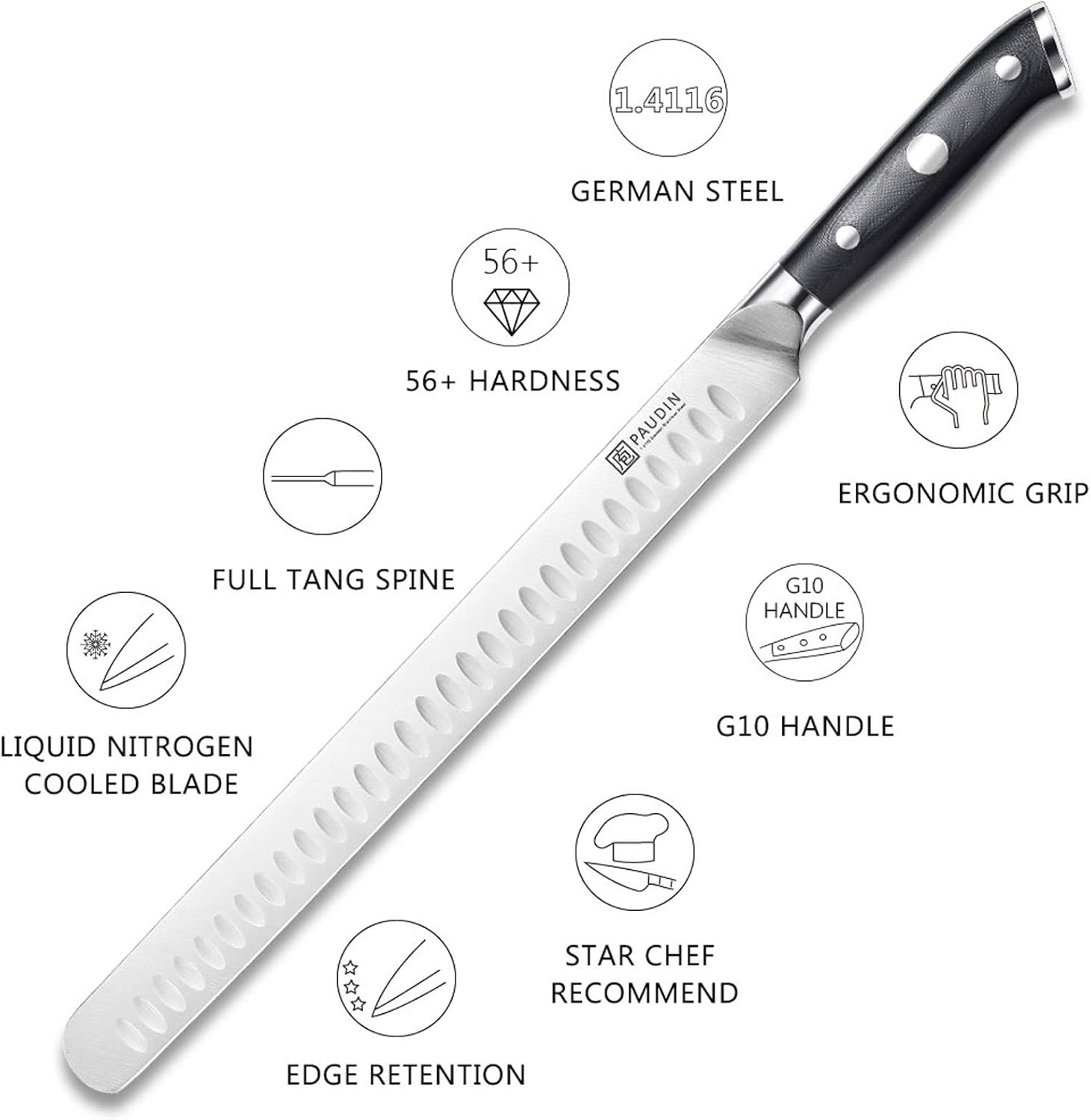 PAUDIN Carving Knife 12-Inch - Razor Sharp Granton Edge Kitchen Knife, Ham Roasts Meats Brisket Slicing Knife, German Stainless Steel Blade, Comfortable Triple Rivet Fiberglass Handle: Kitchen & Dining