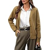 AMZANGEL Women's 100% Wool Sweater V Neck Button Down Ribbed Cozy Knit Cropped Cardigan for Office Casual Outfits