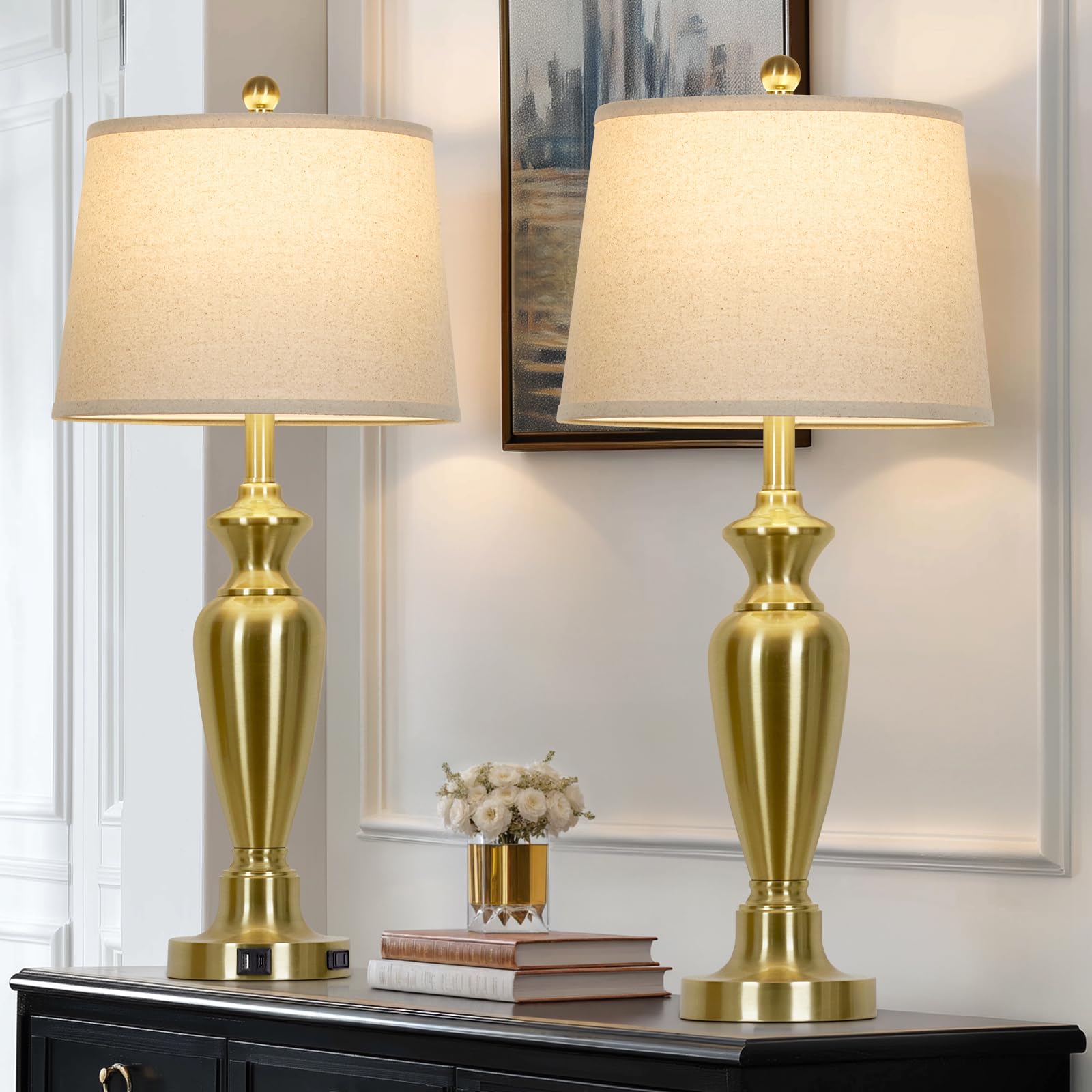 Photo 1 of *MINOR DAMAGE - USED*
Cinyirong 30" Tall Gold Table Lamps Set of 2, Touch Control Bedside Lamp with USB A+C Ports and AC Outlet, 3-Way Dimmable Modern Metal Nightstand Lamp for Bedroom Living Room, 2 LED Bulbs Included