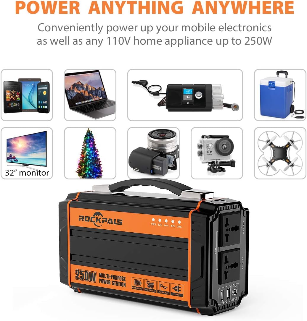 Rockpals 250-Watt Portable Generator Rechargeable Lithium Battery Pack Solar Generator with 110V AC Outlet, 12V Car, USB Output Off-grid Power Supply for CPAP Backup Camping Emergency: Electronics
