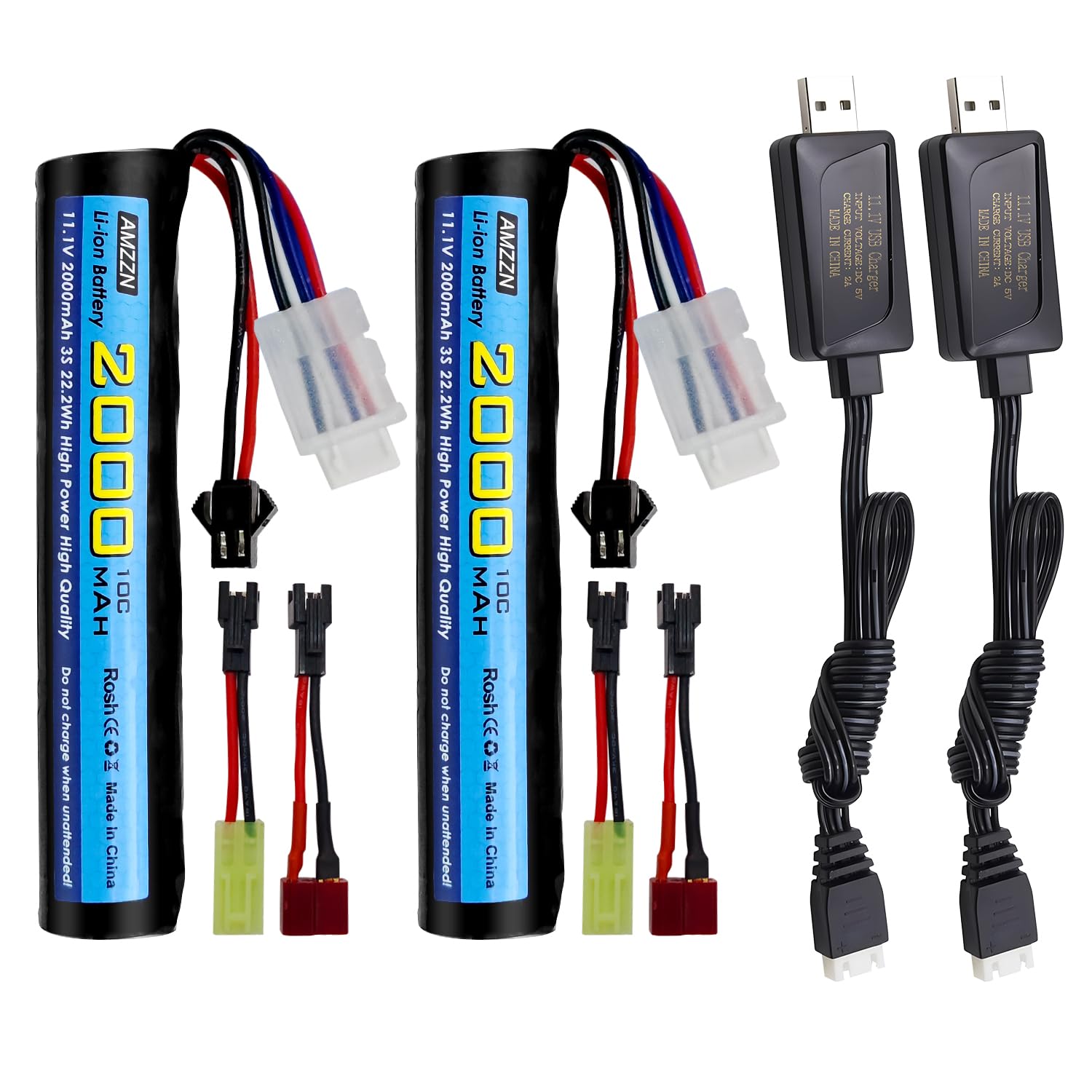 AMZZN 2PCS 11.1V 10C 2000mAh Li-ion Battery with SM2P Plug T-Plug Tamiya Plug Adapter Cable and USB Charging Cable Suitable for Toy Gun Airsoft Gel Water Bead Blaster Backup Battery