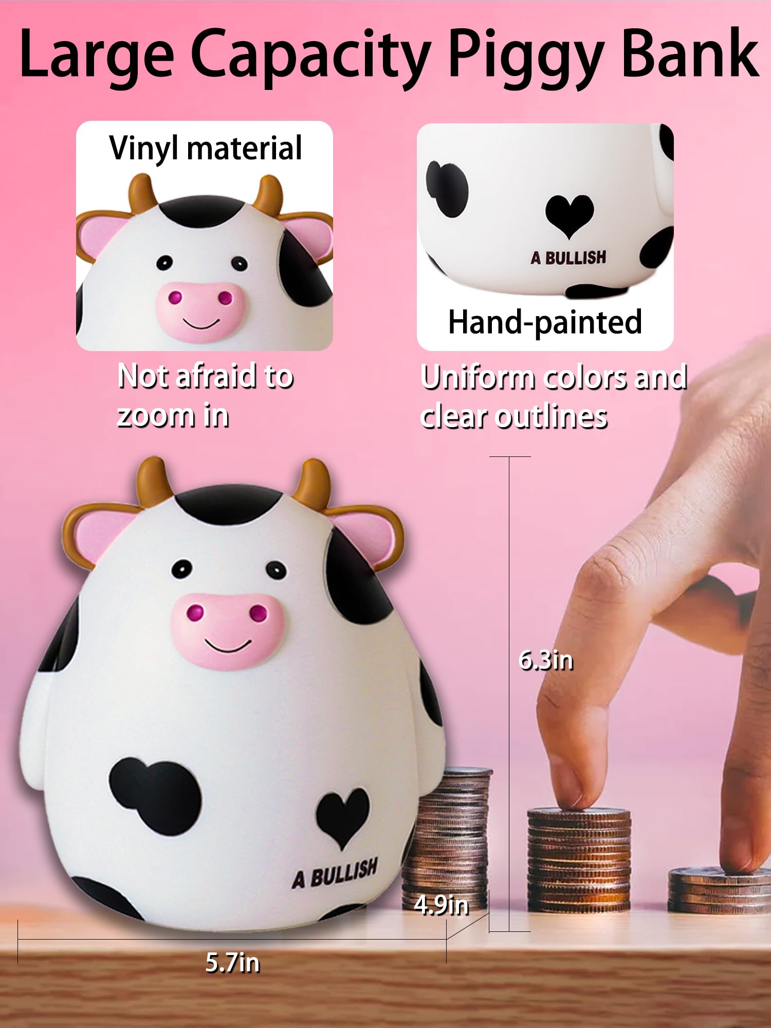 Piggy Bank, Unbreakable Plastic Money Bank, Piggy Bank for Girls and Boys Medium Size Cow Banks Perfect Baby Girl Nursery Décor Practical Gifts for Birthday Easter Christmas(White)