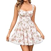 Womens Summer Floral Mini Dress Square Neck Tie Front Lace Spliced Ruched Backless Casual Party Graduation Short Dresses