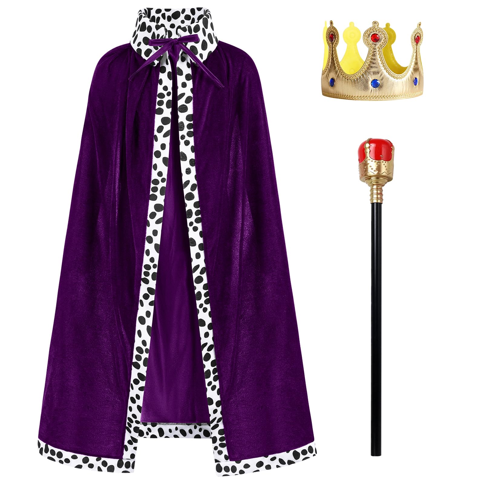 IWEMEK Men Boys Royal Prince Cape Crown Scepter Set Aldult Kids King Costume Fancy Dress Up Fairy Tale Cosplay Halloween Carinival Wolkd Book Day Pageant Party Outfits Dark Purple 4-9 Years