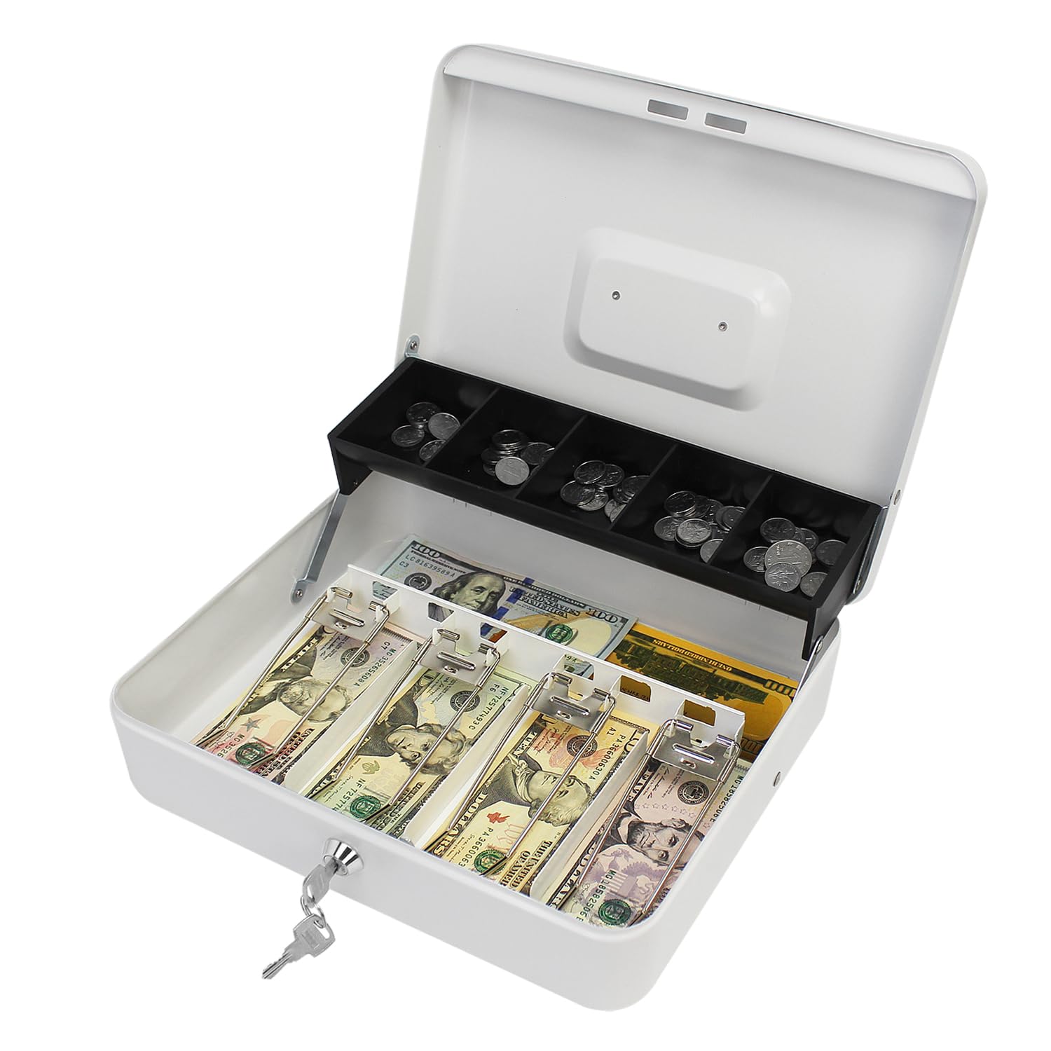 Secure Locking Cash Box with Key or comnination, Money Tray, and Organizer - Metal Money Safe for Cash Management (White Key)
