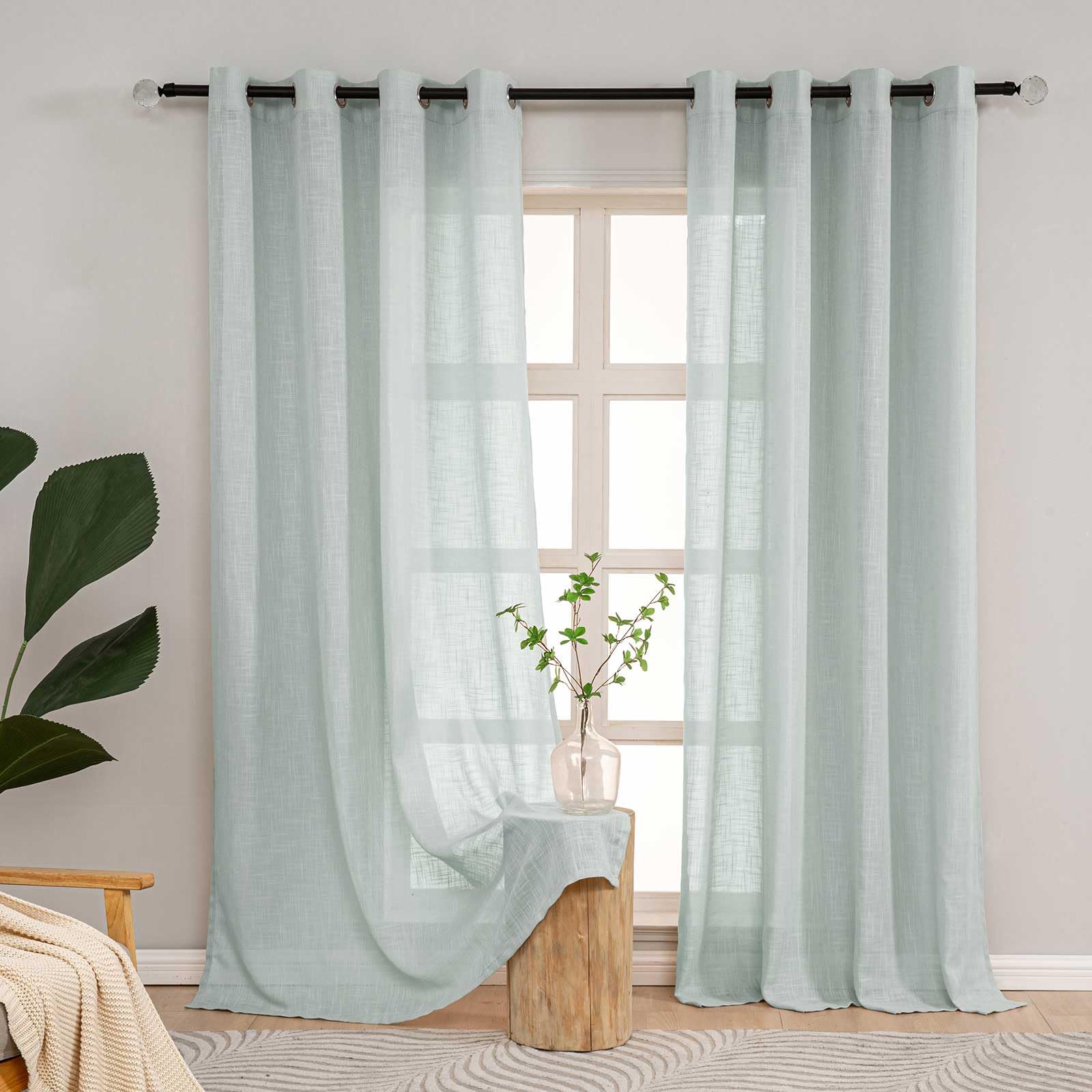 L.Z.E Curtains Light Green Semi Sheer, 90 Inch Drop Linen Look Curtain for Living Room Bedroom Windows, Heavyweight Pastel Green Mesh Sheers with Eyelet, 2 Panels Pack Net Drapes, 225 cm Long Textured