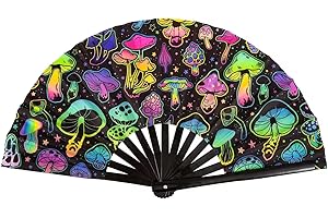 Qchengsan UV Glow Rave Hand Fan,Festival Fan,Large Folding Hand Rave Fan for Festival,Halloween,Rainbow Outfits for Women & Rave Accessories,Clack Hand Held Fan for Party,Folding Fan (Waves)