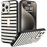 SOKAD for iPhone 15 Pro Case with Finger Strap Kickstand, Cute Horizontal Stripes Line Phone Case with Finger Hand for Women Men, Slim Full Camera Protection Shockproof Case Cover, Black White