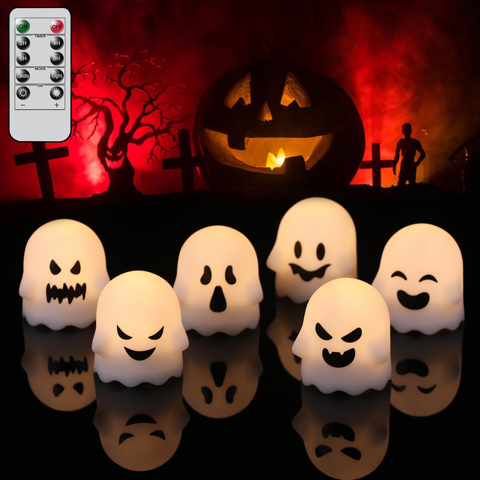 Photo 1 of DRomance Halloween Ghost Lights Flameless Candles Battery Operated with Remote and Timer 6 Pack Spooky White LED Votive Candles Dimmable Light Halloween Indoor Decoration(2 x 2.4 Inches)