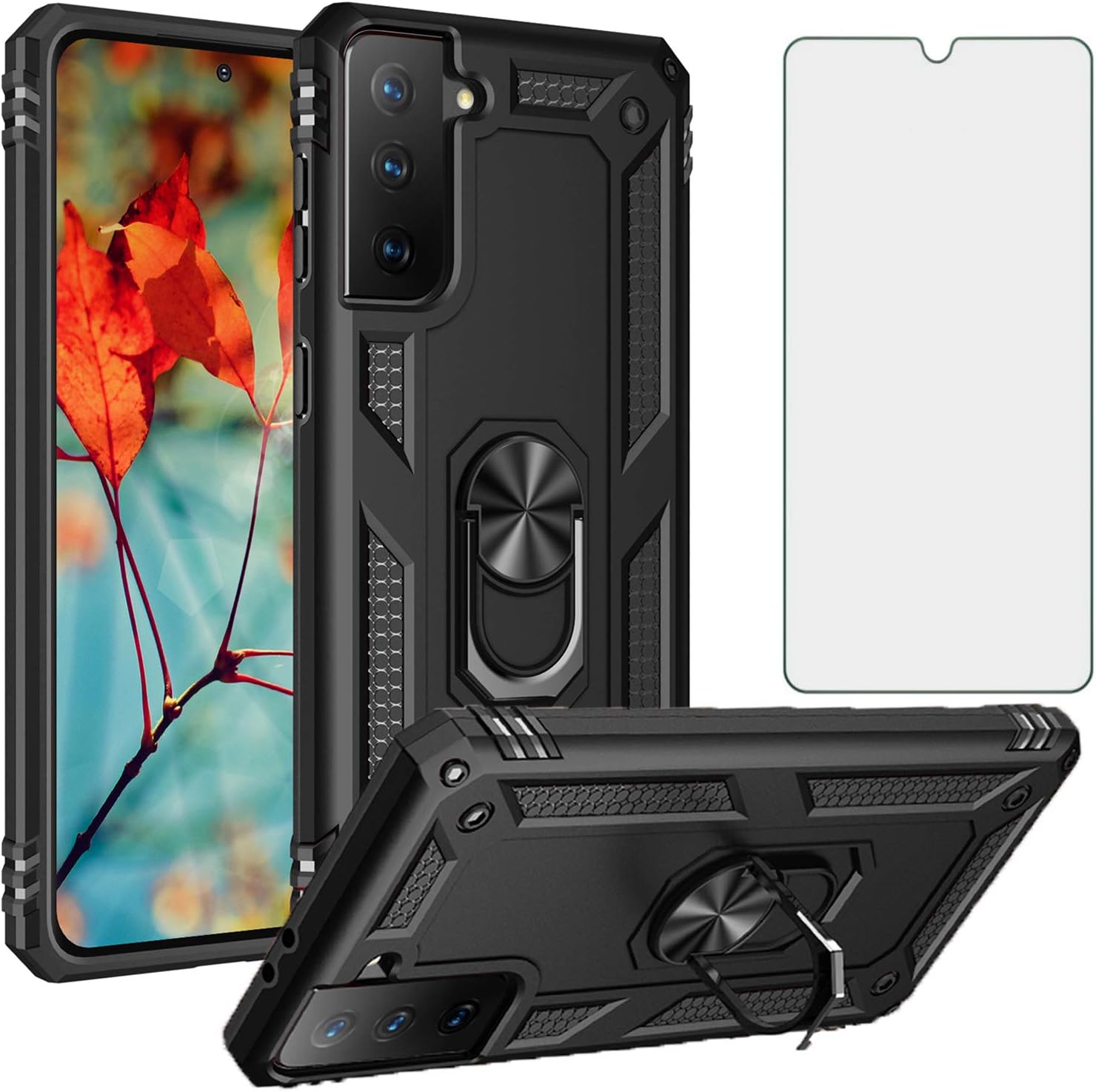 Phone Case for Samsung Galaxy S21 Plus/S30 Plus with Tempered Glass Screen Protector Stand Ring Holder Accessories Heavy Duty Rugged Protective Shockproof Bumper S21Plus S21+ 2020 Girls Boys Black