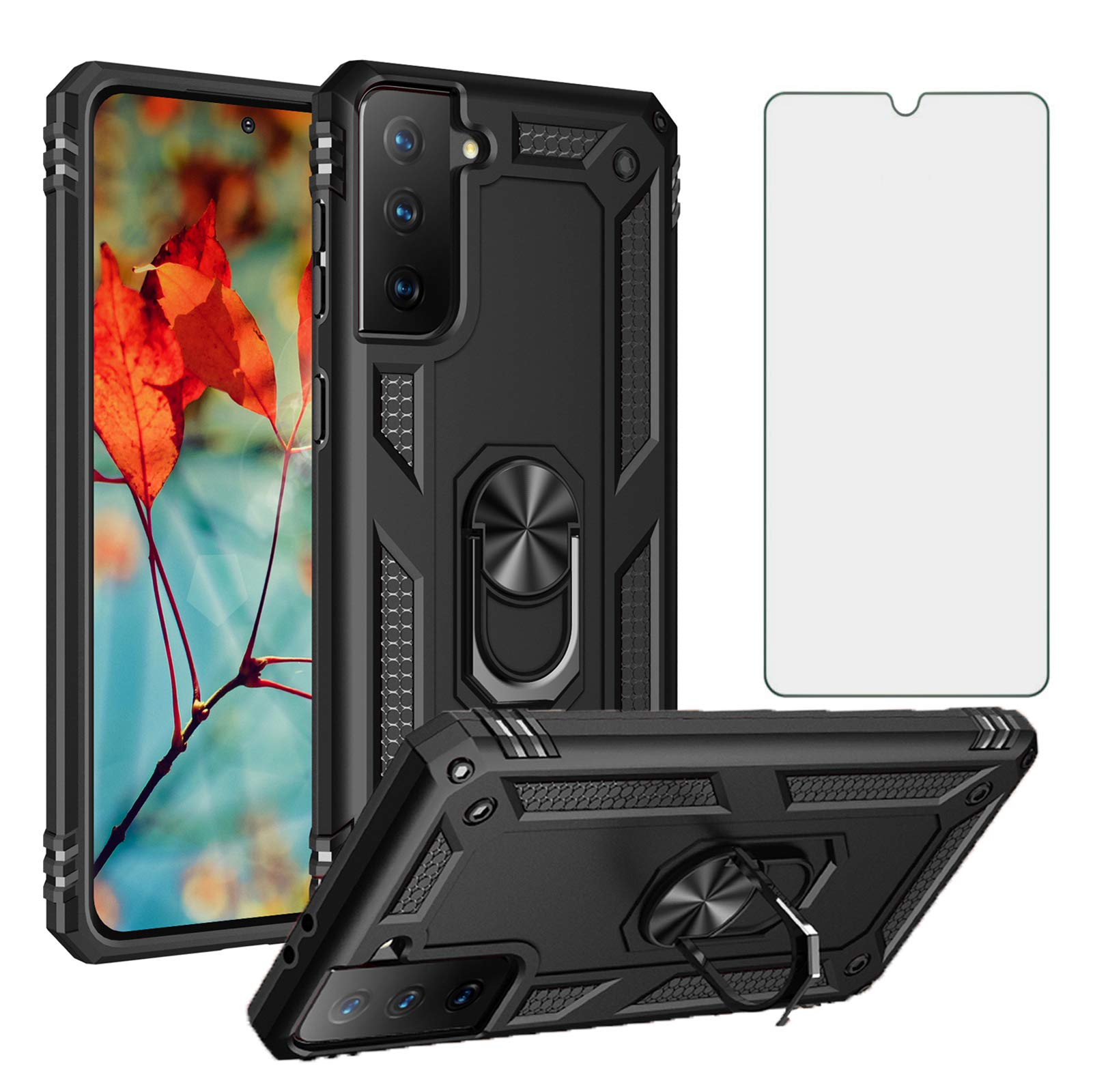 Phone Case for Samsung Galaxy S21 Glaxay S 21 5G 6.2 inch with Tempered Glass Screen Protector Stand Ring Holder Cell Accessories Heavy Duty Rugged Magnetic Gaxaly 21S G5 Women Men Girls Boys Black