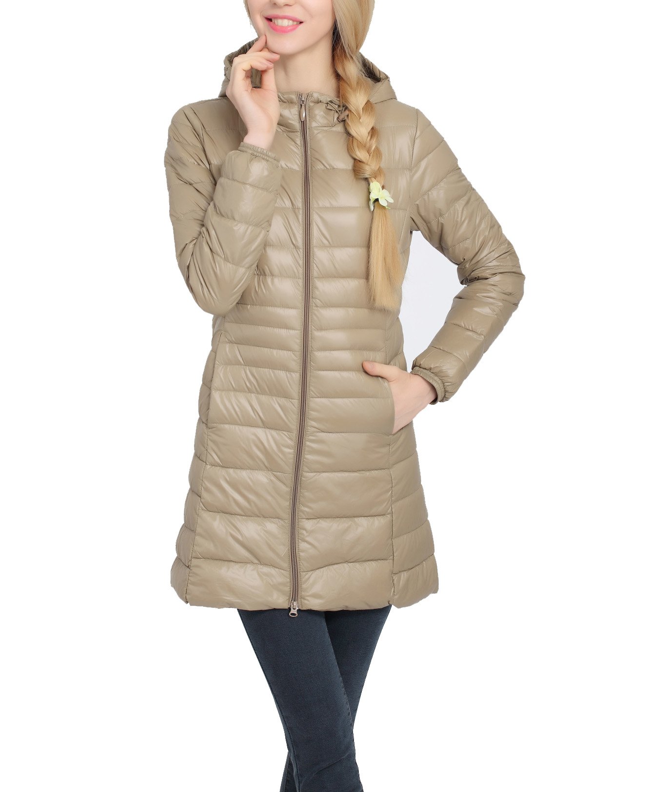 lightweight packable hooded long down jacket