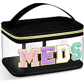 Geetery Medicine Bag Chenille Letter Patch Meds Bag Nylon Portable Travel Makeup Cases Preppy Patch with Zipper Cosmetic Toiletry Storage for Women