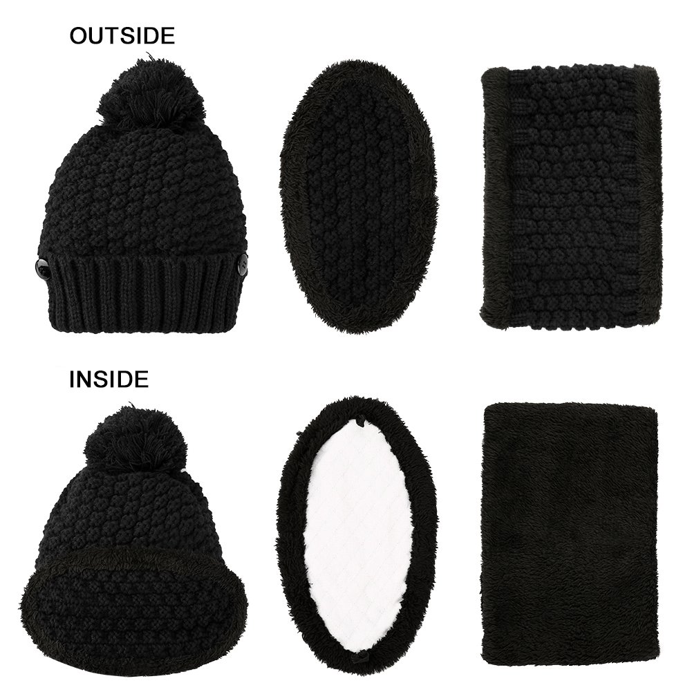 Vbiger Women Warm Hat Scarf Set Thickened Knit Hat and Scarf Winter Beanie and Scarf with Mask, Thick Plush Lining Design, Set of 3 (Black)