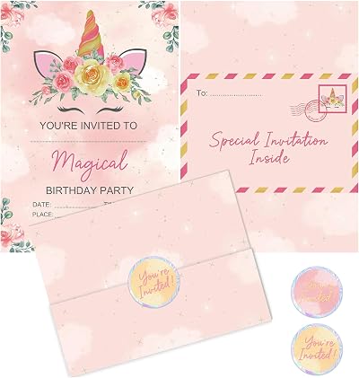 BestaFiesta 36 Unicorn Party Invites for Kids Birthday Girls Folding Envelope