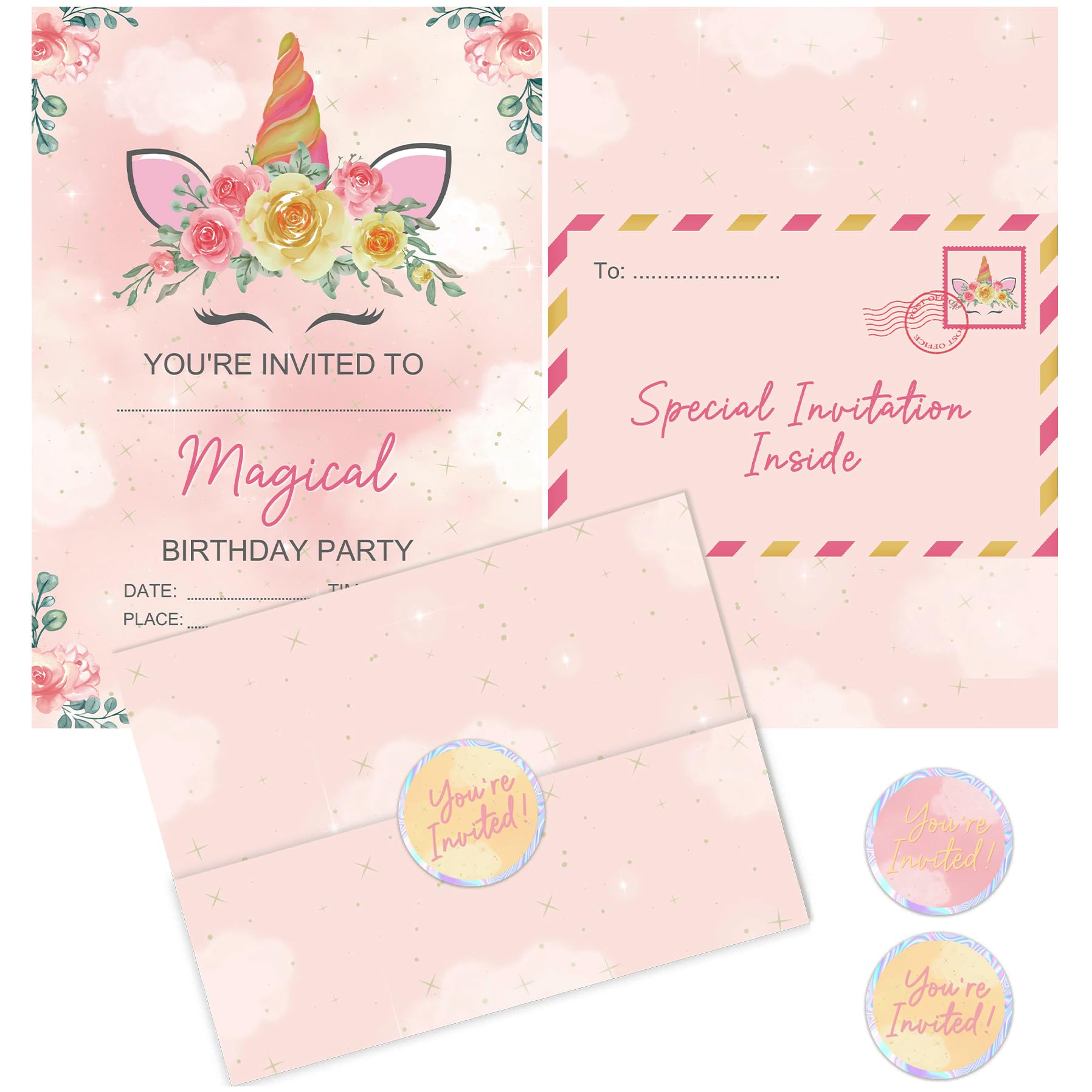 BestaFiesta 36 Unicorn Party Invites Kids Party Invitations Kid's Party Invites Childrens Birthday Party Invitation's Girls Party Invitations with Folding Envelope Design and Holographic Stickers