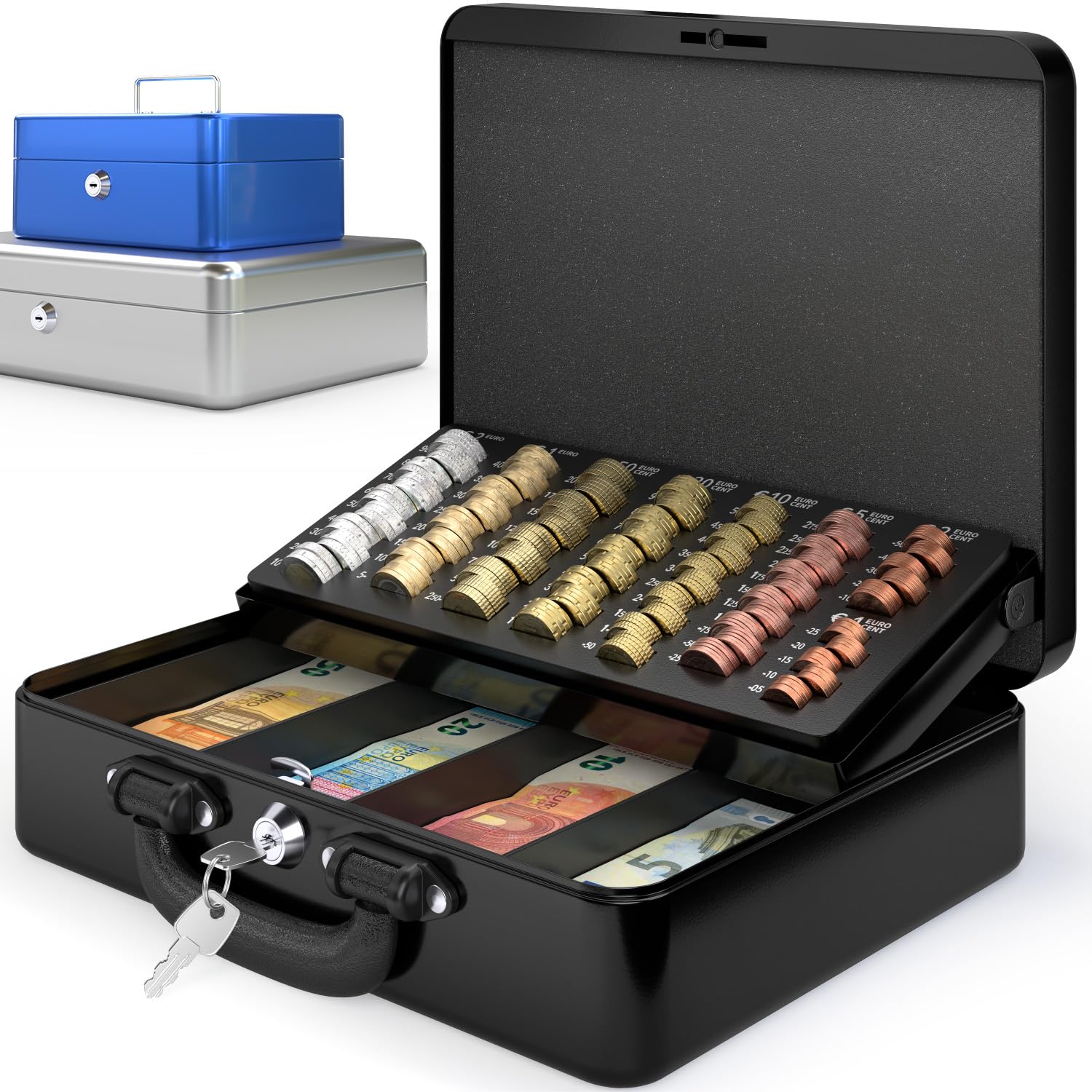 ACROPAQ Cash Box - Lockable, with Coin Counting Board, Large, 30 x 24.5 x 9 cm, with 2 Keys, Premium Housing - Cash Cash, Household Cash, Black