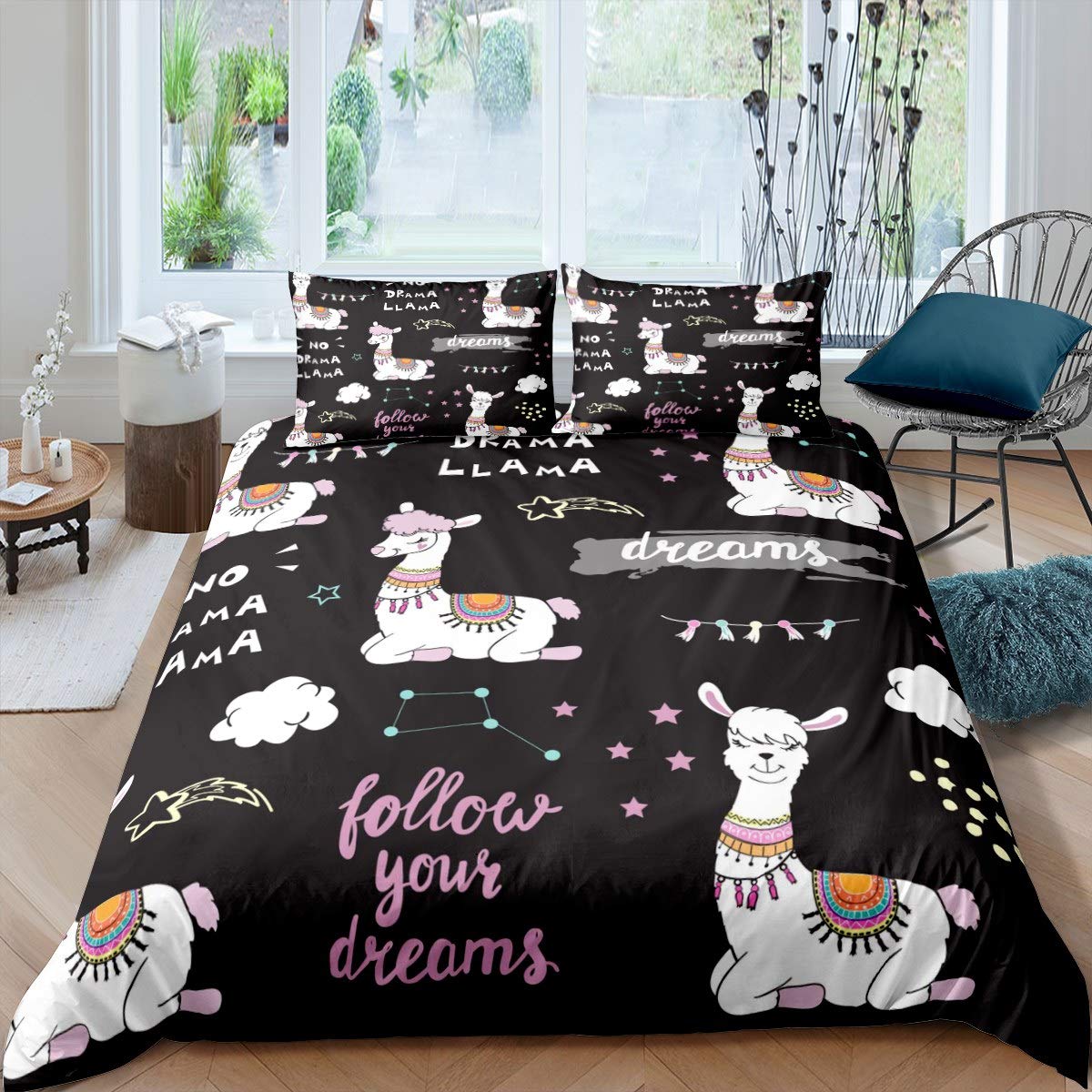 Cute Llama Duvet Cover Cartoon Llama Alpaca Bedding Set Constellation Starry Sky Comforter Cover for Girls Kids Children Room Decor Lovely Animal Theme Bedspread Cover Single Size With 1 Pillow Case — image 1