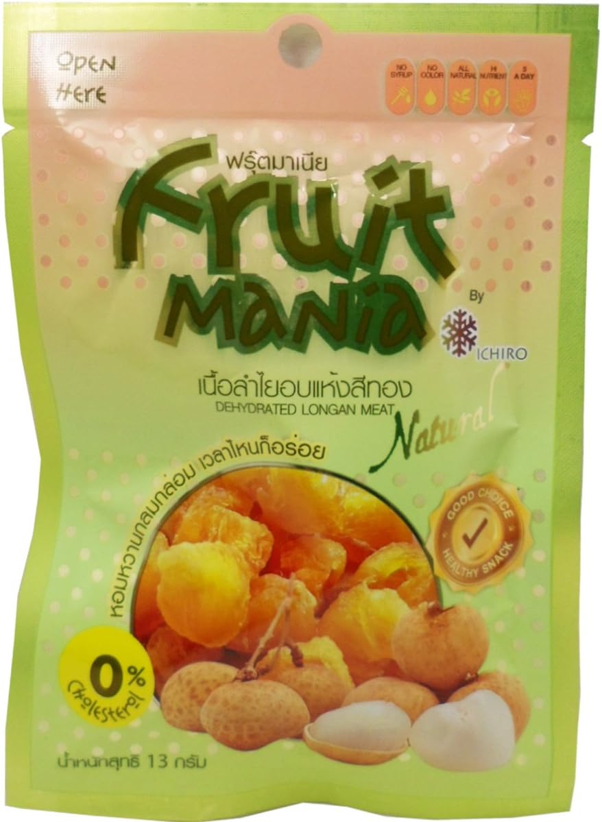 Dehydrated Longan Meat (Golden) Snack Natural Net Wt 13 G (0.46 Oz.) Fruit Mania Brand X 4 Bags
