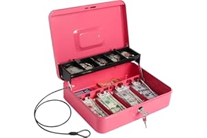 Kasten Cash Box with Money Tray, Key Lock Box with Security Cable, Money Organizer for Cash, 11.8"x 9.5"x 3.5", Large Pink