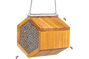 POLLIBEE Mason Bee House - Handmade Natural Wooden Bee Hive Coated with Wax for Water-Proof and Long Service Life - Attracts Peaceful Bee Pollinators to Your Garden, Bee Houses for Garden