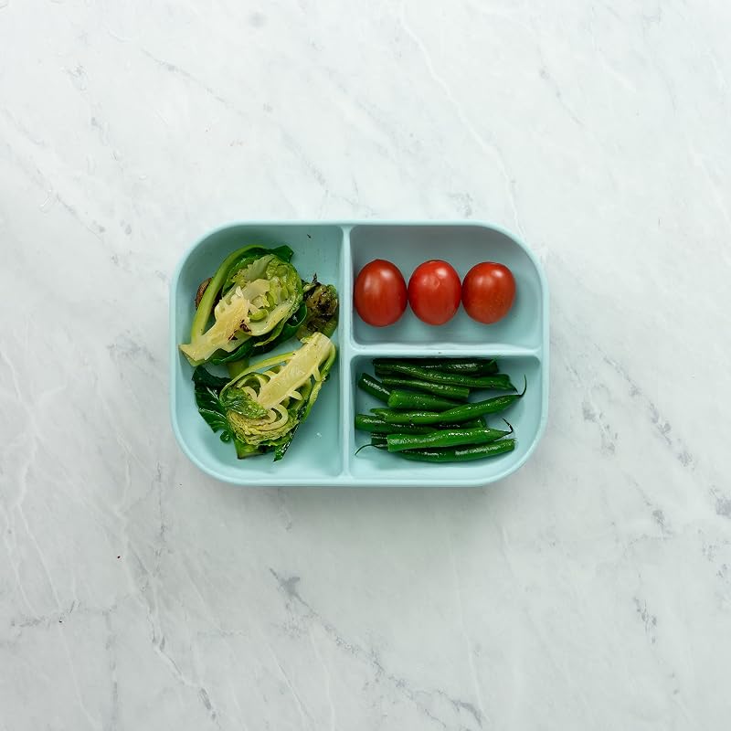 Conjunto de comida, Prato de silicone compartimentado com ventosa + Colher de silicone, adere à mesa/cadeira alta, compatível com micro-ondas, azul