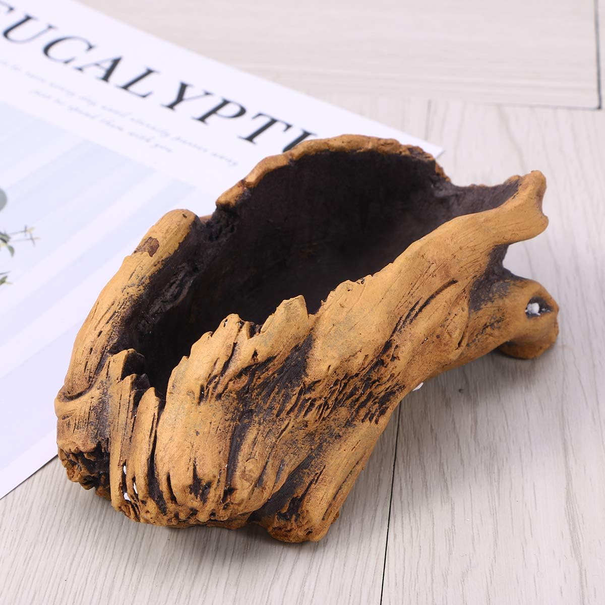 TOYANDONA Driftwood Stump Log Concrete Planter Plant Succulent Pot for Indoor Outdoor Patio Decoration, Light Brown - Image 3