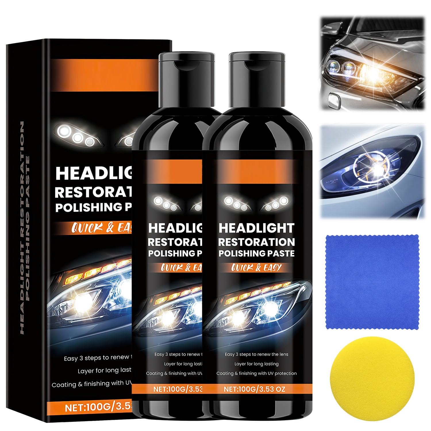 Photo 1 of 2pcs Car Headlights Restoration Kit, 2025 New Headlight Stain Remover Polishing Paste, Repair with Scratch Removal, Headlight Polish Cleaner for Cloudy Headlights Long-Lasting Clarity