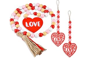 ABITONCC Wood Bead Garland with Red Heart and Tassels,3 Pieces