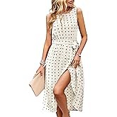 Falechay Summer Dresses for Women 2026 Belted Sleeveless Split Midi Dress Casual Crew Neck Boho Sundress with Pockets