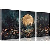 3Pcs Full Moon Forest Canvas Wall Art Nature Landscape Wildflower Wall Decor Pictures Moody Dark Academia Forest Posters Prints for Gallery Bedroom Living Room Home Decoration 12x16in