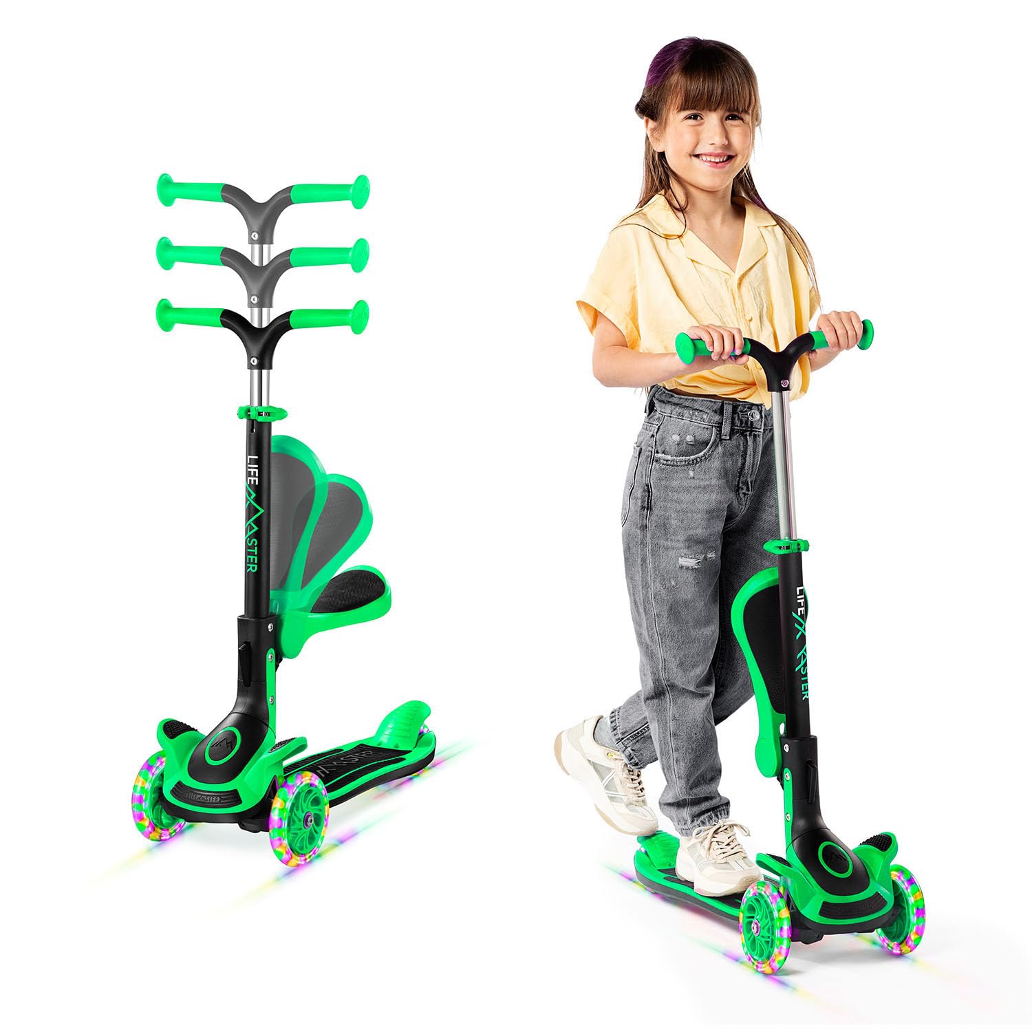 3 Wheel Scooter for Kids with Foldable Seat, Adjustable Handlebar Height, Lean-to-Steer Ride On Toy for Kids Ages 2+, Light-Up LED Wheels, Wide Anti Slip Deck, Indoor & Outdoor Use, Green Image