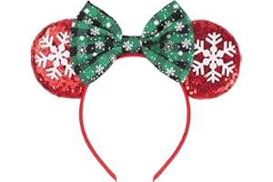 JIAHANG Christmas Mouse Ears Hair Bow Headband, Snowflake Red New Year Party Princess Decoration Cosplay Costume Accessories for Girls & Women