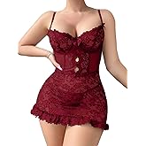 Foxiny Sexy Mini Bows Ruffle Cutout Floral Lace Sheer Babydoll Lingerie Dress with Thong 2 Piece