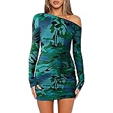 Prinbara Women's Mesh Long Sleeve Ruched Bodycon Off Shoulder Mini Dress 2025 Fall Sexy Cocktail Date Night Going Out Dresses