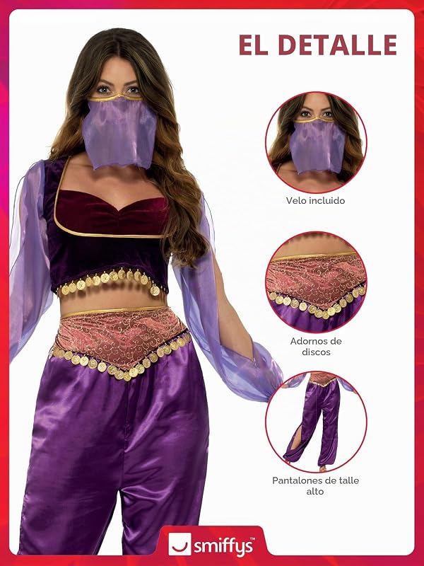 Smiffys Disfraz de princesa árabe, morado, con pantalones, camiseta y velo Halloween, Carnaval — foto 5 de 8