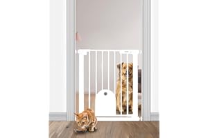 Newnice 26.7-29.5'' Narrow Baby Gate with Cat Door, Auto Close & Easy Walk Thru Dog Pet Gates for Stairs, Doorway, House, Pressure Mounted Safety Child Gate Includes 4 Wall Cups, NO Extensions, White