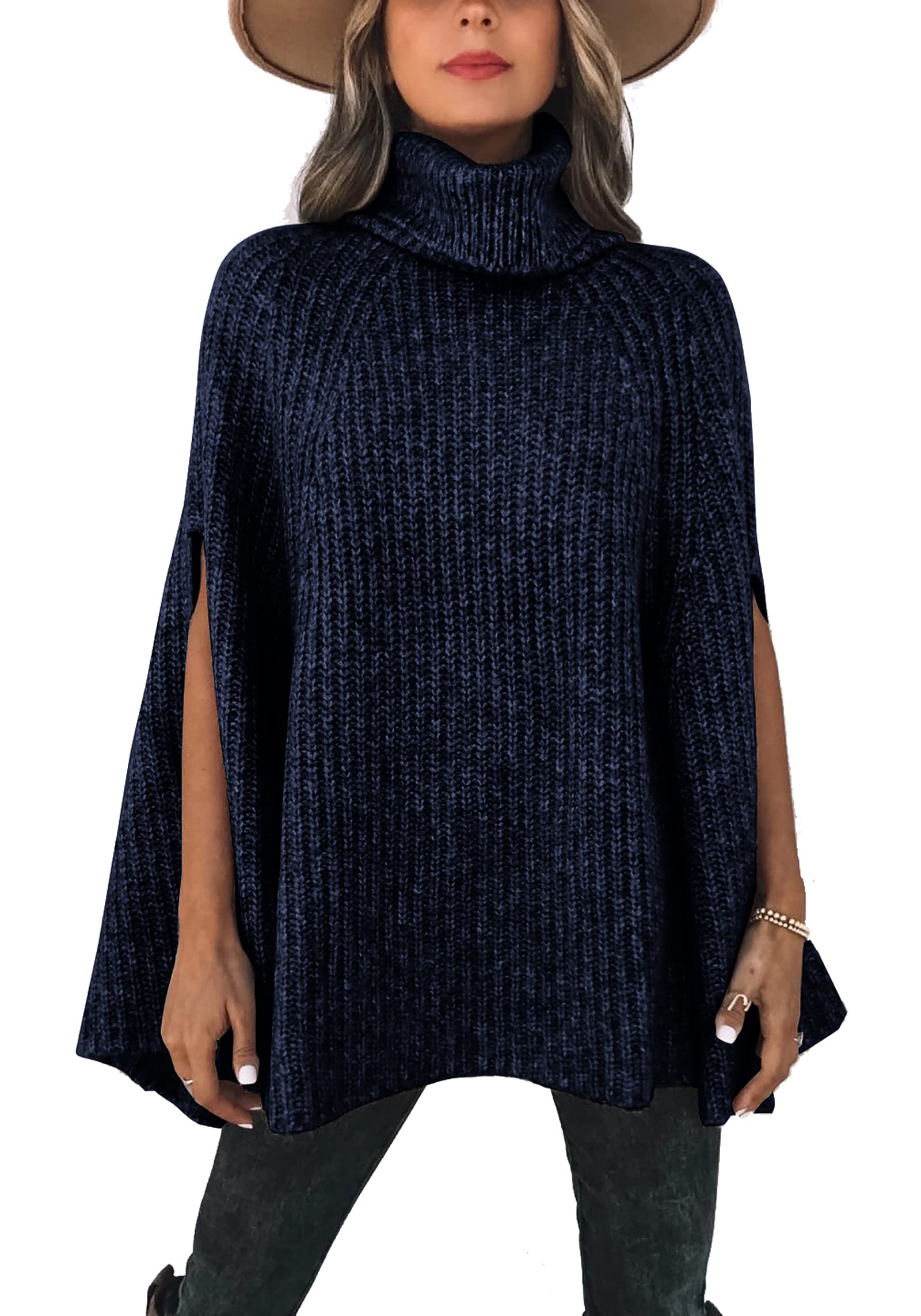KIRUNDO Women's 2025 Fall Winter Turtleneck Poncho Sweater Fashion Chunky Knit Cape Wrap Sweaters Pullover Jumper Tops(Navy, Small)