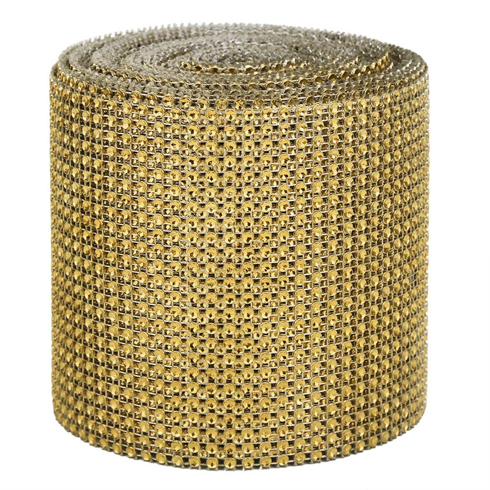 9m 24 Rows Plastic Artificial Sparkling Glitter Rhinestone Diamond Mesh Ribbon for DIY Craft Sewing Party Decoration(Gold)