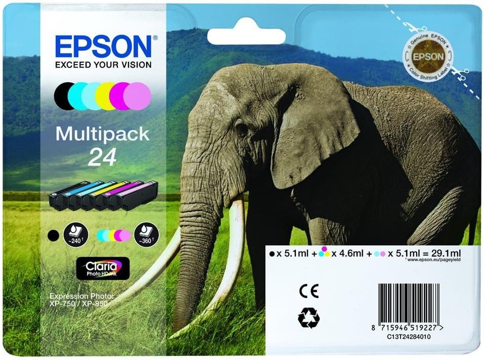 Epson 24 Elephant Claria Photo HD Ink Multipack 6 Colours Standard XL