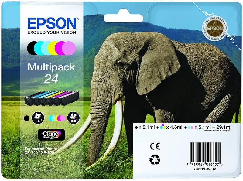 Epson 24 Elephant Claria Photo HD Ink Multipack 6 Colours Standard XL