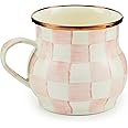 MACKENZIE-CHILDS Enamel Mug, Cute Enamelware Coffee and Tea Mug, Unique Drinkware, 16 Ounces, Pink-and-White Rosy Check, Set of 1