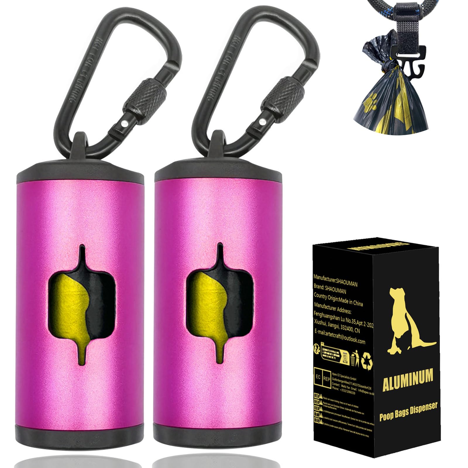 SHAOUMAN 2 Pack Metal Dog Poop Bags Holder Aluminum Poo Bags Dispenser with 30 Black Unscented Pet Waste Bags and 3 Leash Accessories for Dog Walking(2 Holders 30 Bags,Pink)