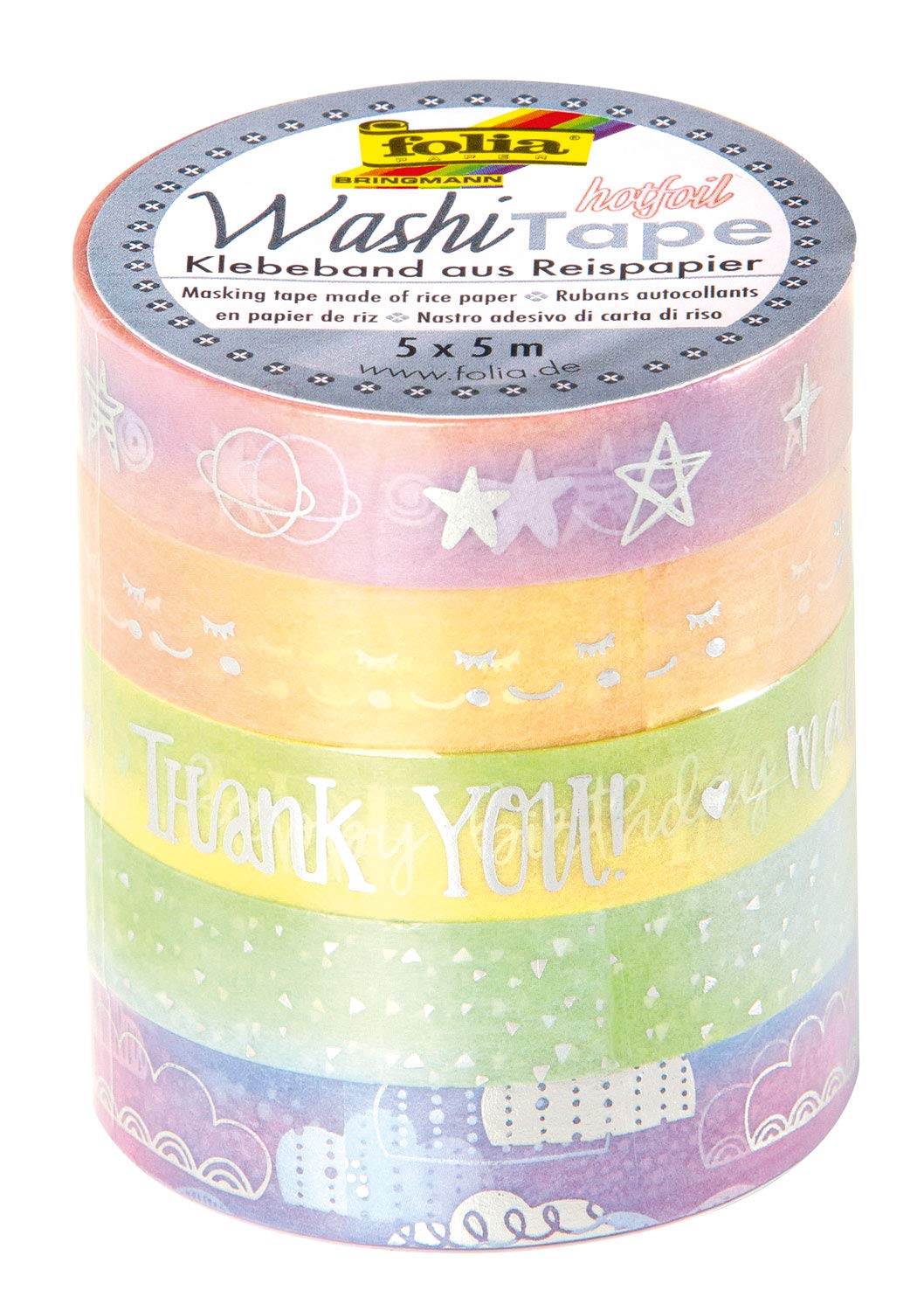 folia 26449 Rice Paper Washi Tape Set of 5 Hotfoil Rainbow with Hot Foil Finish 5 Rolls Approx. 5 m x 10 mm for Decorating and Scrapbooking