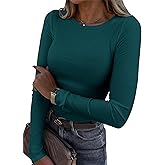 Roselux Womens Long Sleeve Stretch Crewneck Ribbed T-Shirt Fitted Casual Basic Tops