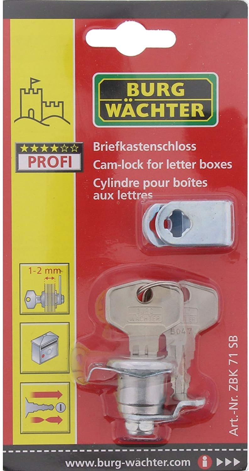 Burg Wächter Replacement Cylinder for Cam Lock for Letter Box for Material Thickness of 1 to 2 mm, Chrome-Plated, ZBK 71 SB, 1 Supplied