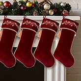 Kinlop 4 Pcs 18 Inch Burgundy Luxury Velvet Christmas Stockings Holly Embroidered Christmas Stocking Stockings with Gold Tassel Decorations for Fireplace Xmas Party Vintage Holiday Decorations
